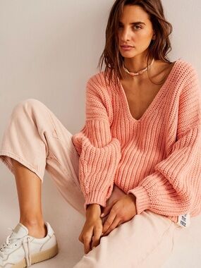 Free People Oversized V-Neck Chunky Knit Sweater in Orange